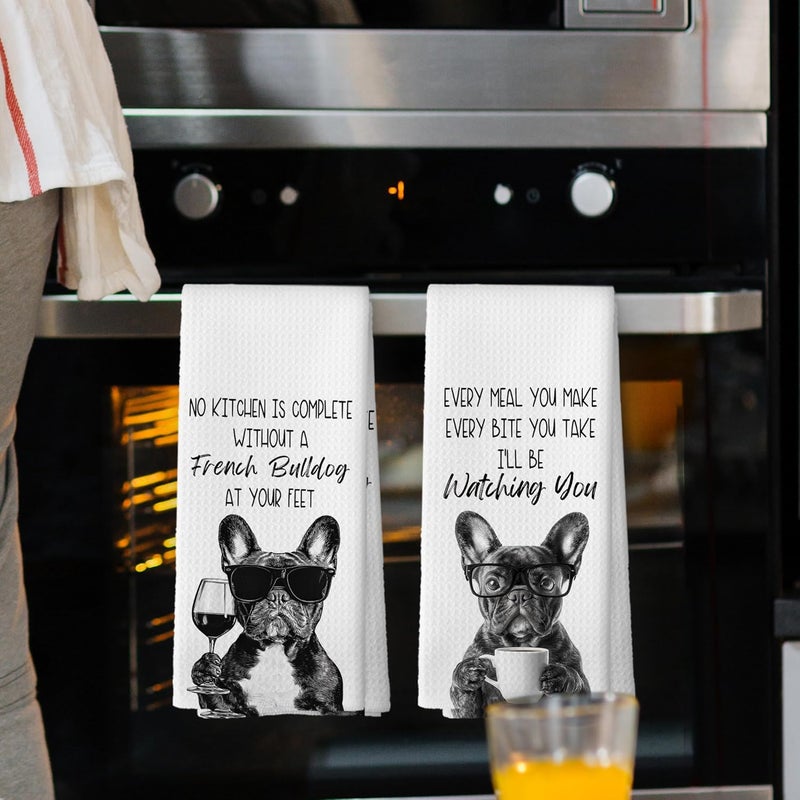 Mcehtle Funny French Bulldog Kitchen Towels Set of 2, Dog Kitchen Accessories, Coffee Station Decor, Dog Chef Gift Hand Towel, Dining Room Decorative Tea Towel Dish Towels 16x24 Inch - Image 2